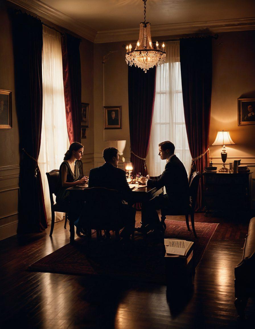 A dramatic scene depicting a dimly lit room with a heavy velvet curtain partially drawn, revealing silhouettes of people engaged in deep conversation. In the foreground, an open script with handwritten notes and a vintage film camera sits atop a mahogany table. Soft, ambient lighting highlights the emotional expressions of the characters, hinting at secrets and stories untold. The atmosphere feels intimate yet mysterious, evoking curiosity about the hidden narratives within the adult film industry. cinematic, moody lighting, rich textures, 3D.